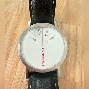 Projects past present future silver tone black leather watch NEW BATTERY